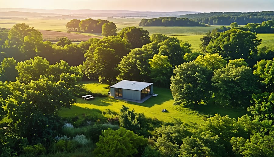 Aerial view of a prefab shed beautifully situated within a lush, green recreational property, surrounded by varied natural terrain.