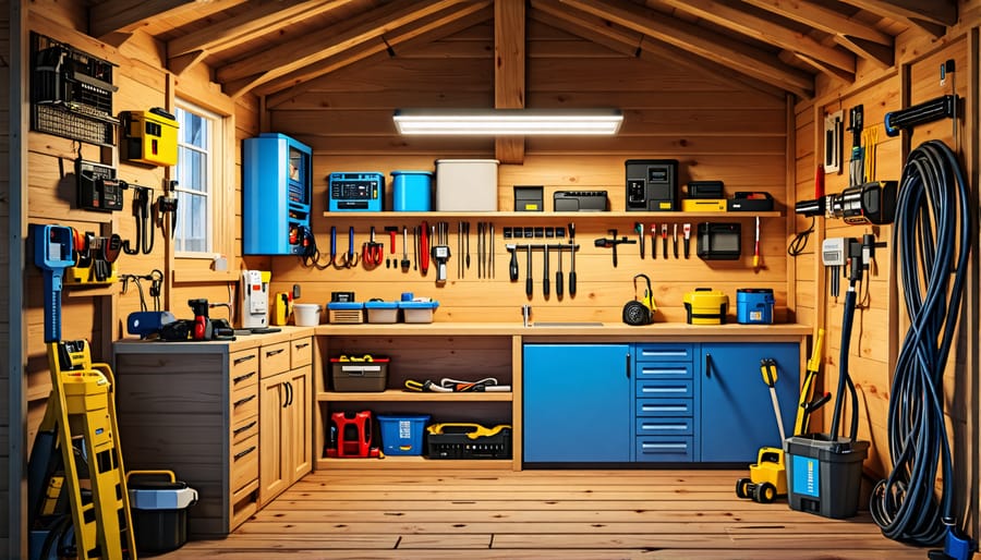 "Interior view of a well-lit shed with organized electrical wiring and tools, emphasizing safe and efficient DIY electrical installation."