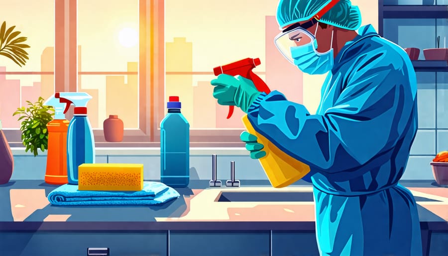 Person in full protective gear cleaning a kitchen countertop with a cleaning solution to remove pesticide residue, with cleaning tools and bottles of cleaning products in the background.