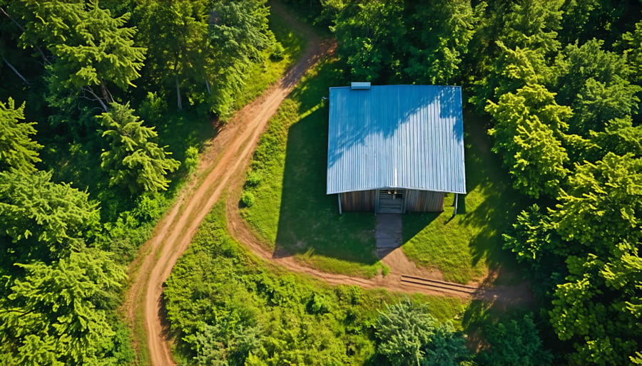Bird's eye view of a shed on a wooded recreational property