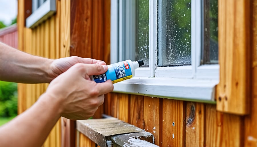 Demonstration of sealing gaps around shed windows with caulk