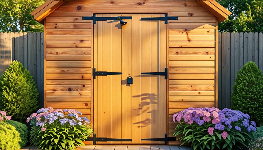 A robust shed door equipped with a high-quality padlock, reinforced hinges, and a visible security camera, highlighting advanced security measures.