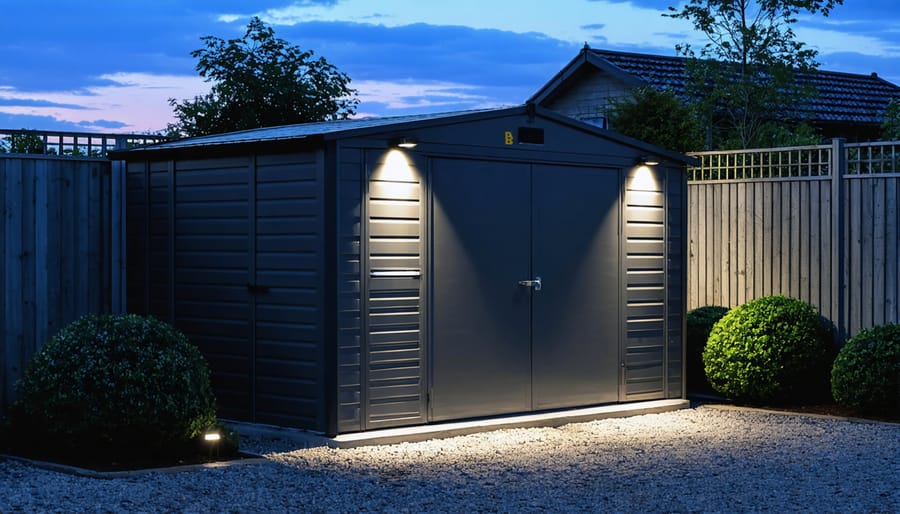 A secure shed at twilight, illuminated by motion-activated floodlights with reinforced doors and windows, showcasing a heavy-duty padlock, surrounded by trimmed shrubbery and a tall security fence.