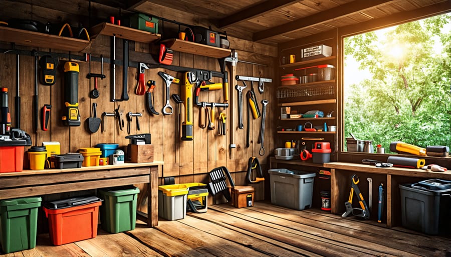 Interior of a shed showing efficient use of vertical space with tools and equipment neatly organized