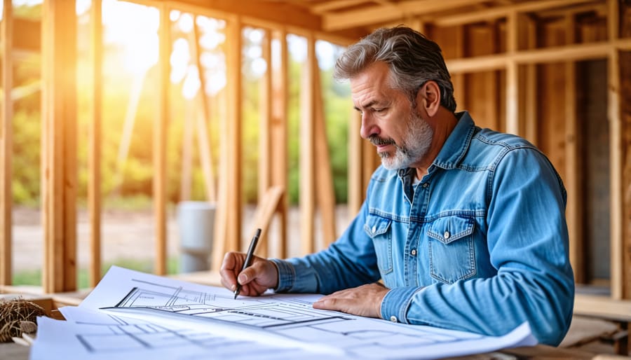Person examining shed construction plans and building permits