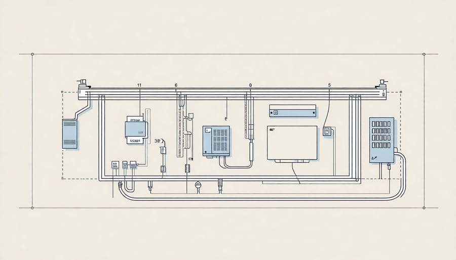 Shed wiring diagram showing electrical panel, wiring routes, outlets, and fixtures