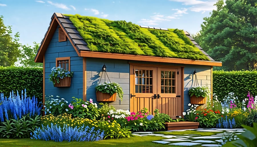 A garden shed featuring a combination of eco-friendly roofing materials like recycled rubber tiles, a living green roof, and reclaimed wood shingles, surrounded by lush plants.