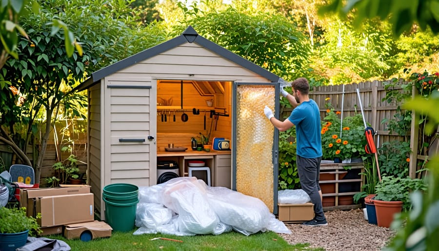 "Person insulating a shed using repurposed household materials like blankets, bubble wrap, and cardboard, illustrating creative and cost-free DIY methods."