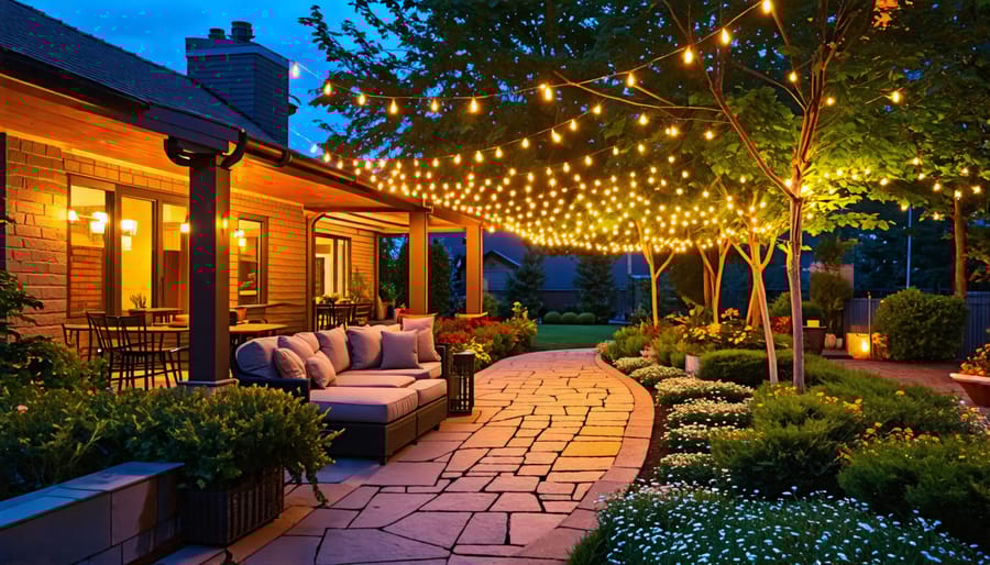 A beautifully illuminated garden and patio at dusk, featuring various lighting solutions including string lights, uplights on trees, and pathway lights, creating a warm and inviting ambiance.