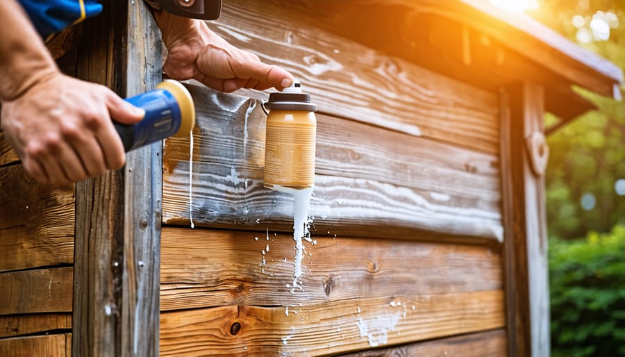Demonstration of treating a wooden shed with weatherproofing sealant