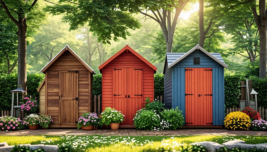 A wooden shed, a metal shed, and a plastic shed displayed side by side