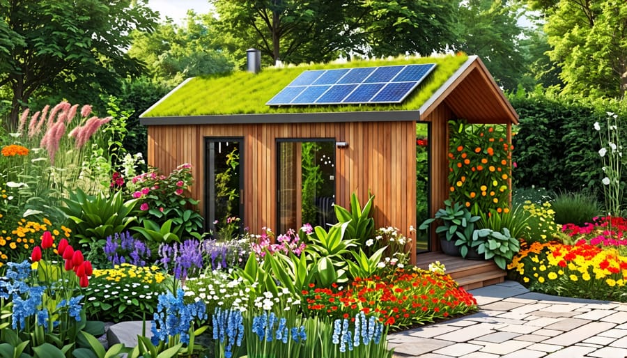 A wooden eco-friendly shed with a living green roof, surrounded by colorful plants and flowers in a vibrant garden, representing sustainable living.