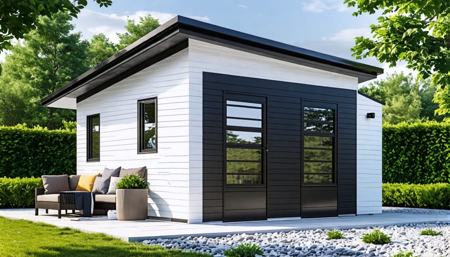 Contemporary shed design with low-maintenance white vinyl siding and black accents