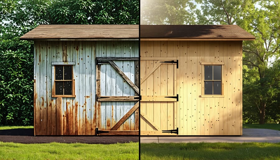 Illustration of a shed transformation over decades, showcasing the durability and longevity of waterproof plywood, contrasting weathered and well-maintained shed conditions.