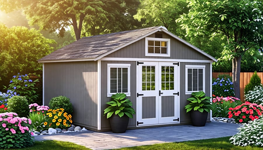 A garden shed featuring sections of cedar, vinyl, and metal siding materials, under varying weather conditions of rain, sun, and snow, demonstrating the durability of different siding options.