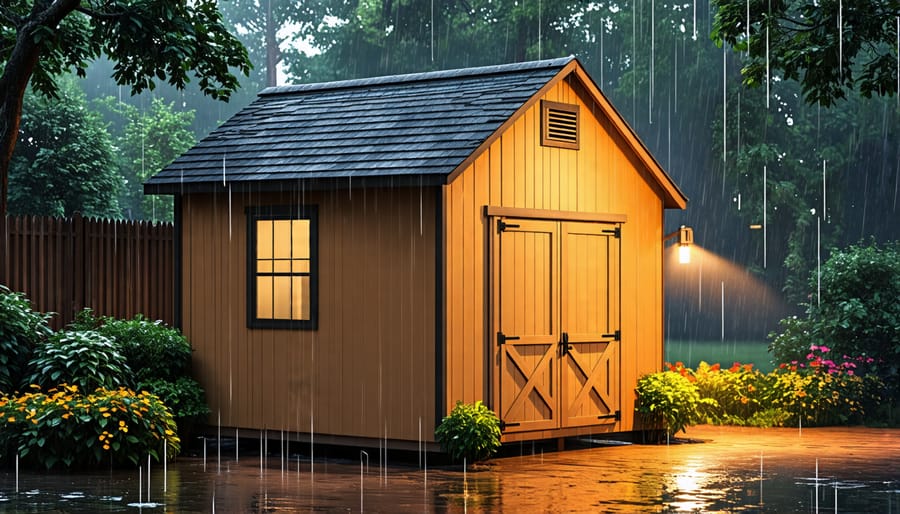 A fortified wooden shed with a gleaming protective exterior stands resiliently in a rainstorm, exemplifying efficient weatherproofing techniques.