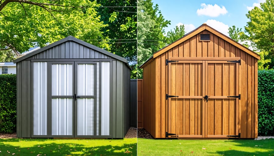 Comparison of wooden and metal storage sheds in a backyard