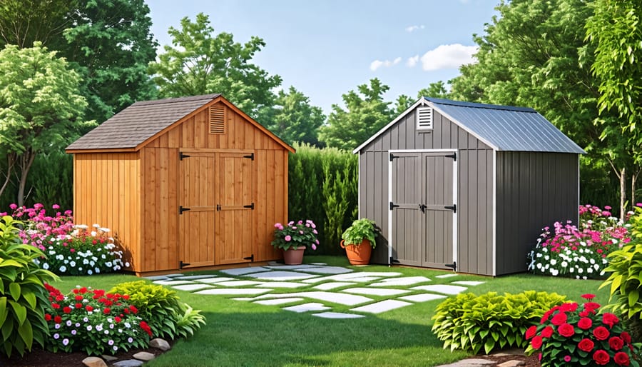 A backyard showcasing a wooden storage shed surrounded by lush greenery and a metal storage shed with a sleek, durable finish.