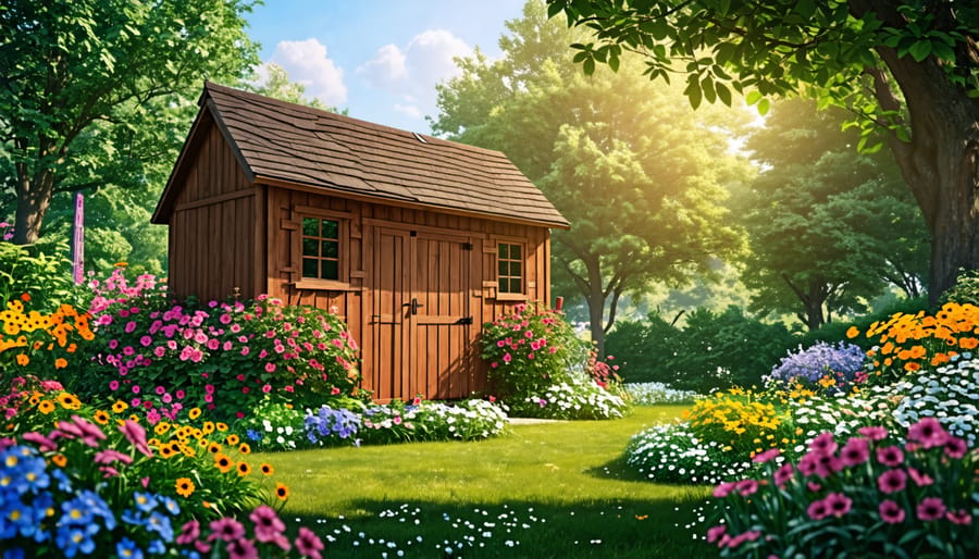 Wooden storage shed blending in with natural garden landscape
