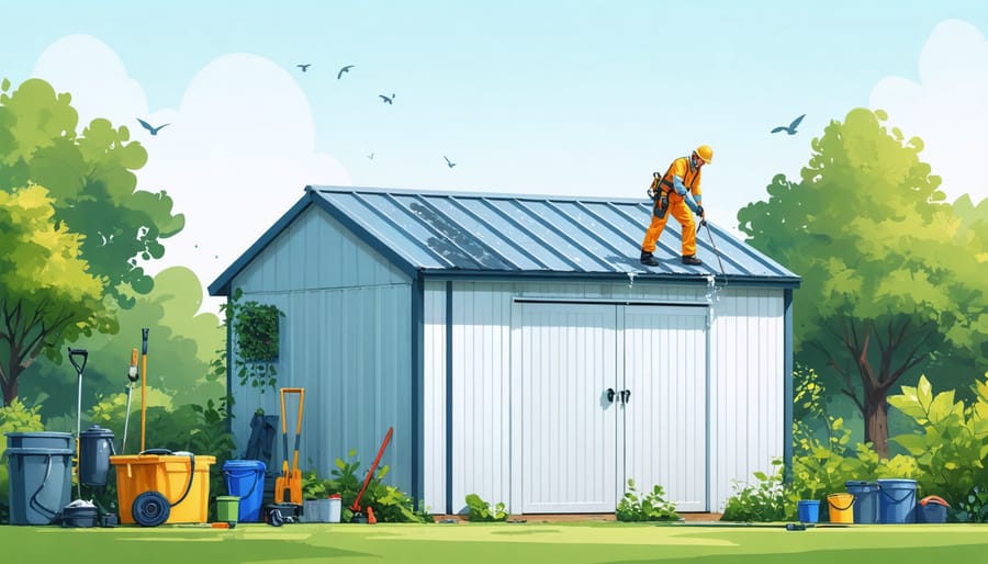 A person applying waterproof coating to a shed roof, surrounded by greenery, depicting the process of protecting valuable items by ensuring the shed is water-tight.