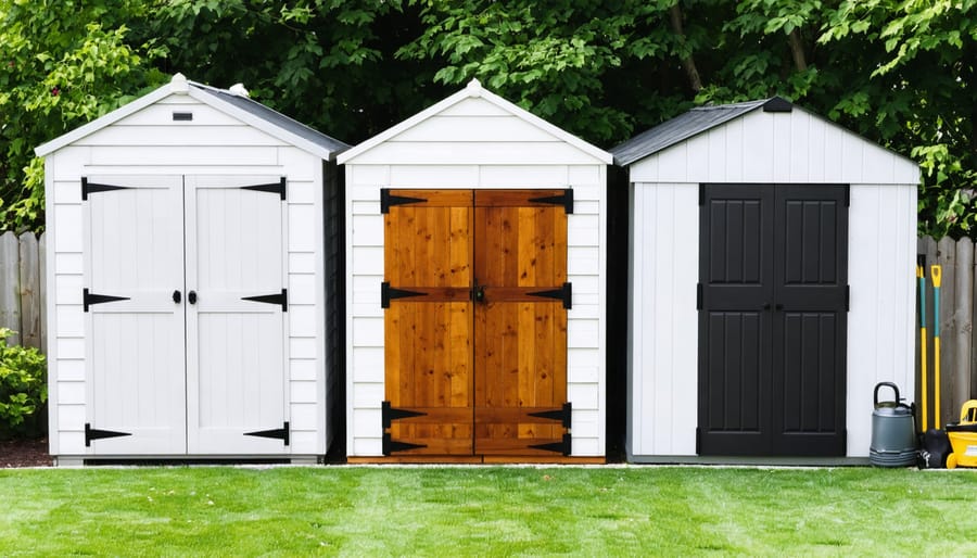 Three 8x8 wood sheds showcasing budget, mid-range, and premium options, each with varying materials and features, placed in a backyard setting.