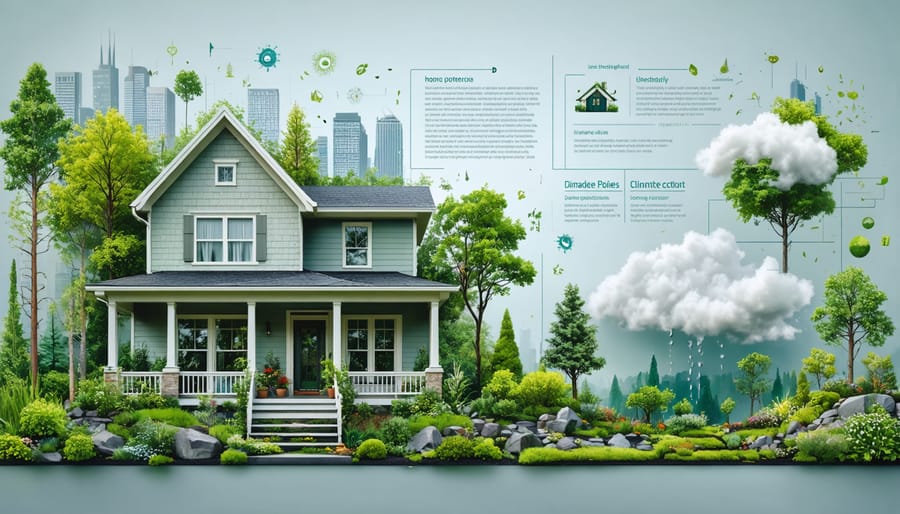 Illustration depicting a home with climate-resilient landscaping and construction materials, set against a backdrop of changing weather conditions, highlighting the theme of climate adaptation using the U.S. Climate Resilience Toolkit.