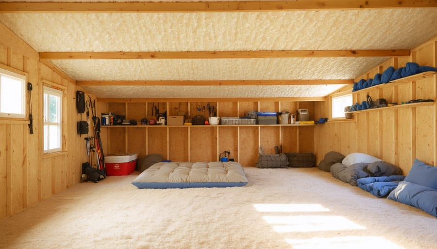 A cozy shed interior with a well-insulated ceiling, organized storage, and soft lighting, portraying a comfortable and inviting space for various uses.