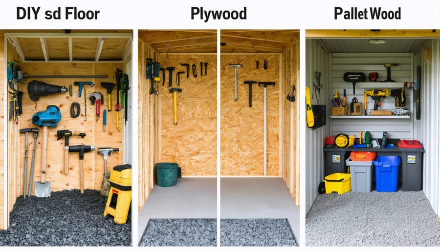 A collage showing different DIY shed floor materials — gravel, plywood, concrete, and pallet wood — with an organized shed interior in the background.