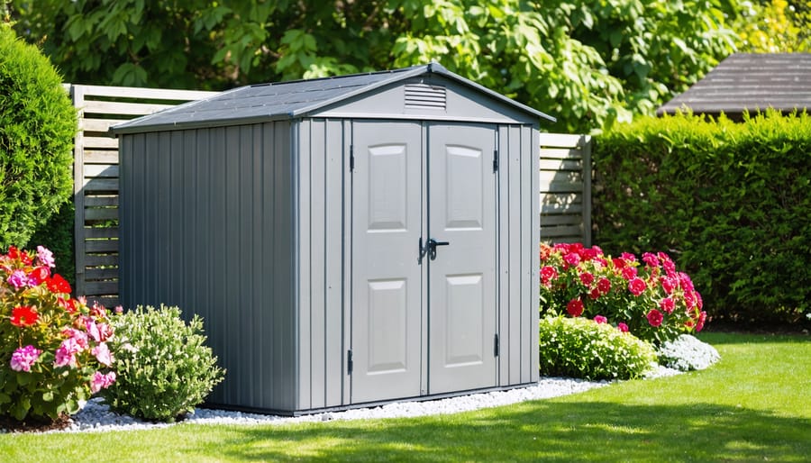 A durable and well-maintained plastic shed nestled in a vibrant garden, illustrating its resistance to weather and UV damage with surrounding lush greenery and colorful flowers.