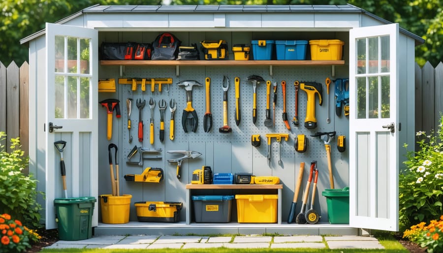 A well-maintained garden shed interior with neatly organized tools on shelves and pegboards, emphasizing cleanliness and efficient organization. Sunlight floods through a clean window, and the shed's exterior showcases a fresh weatherproof paint job in a garden setting.