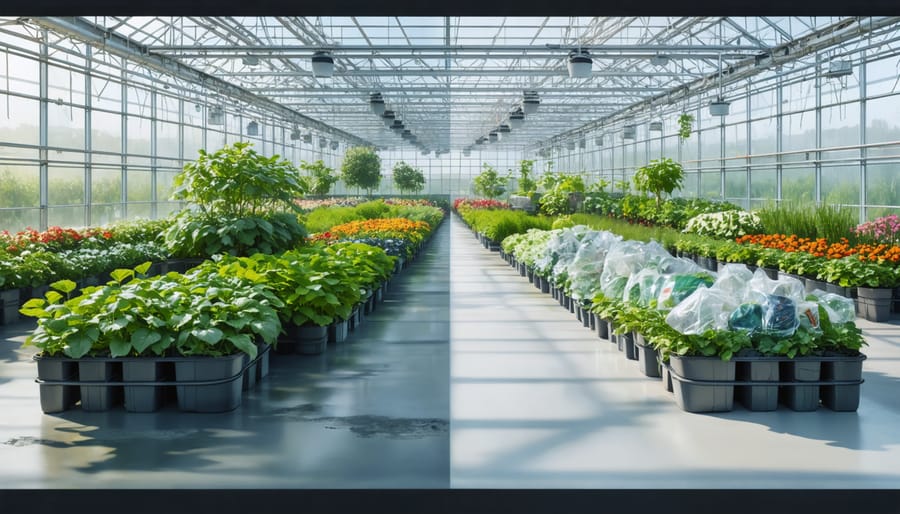 A split-image showing the dual impact of greenhouses: on one side, a lush and thriving greenhouse promoting sustainable practices; on the other, plastic waste and energy consumption challenges.