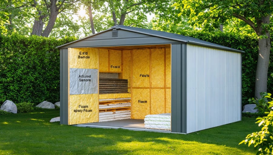 "Illustration of a peaceful backyard with a modern, insulated shed, showcasing interior cutaway sections of insulation materials like batts and foam boards."