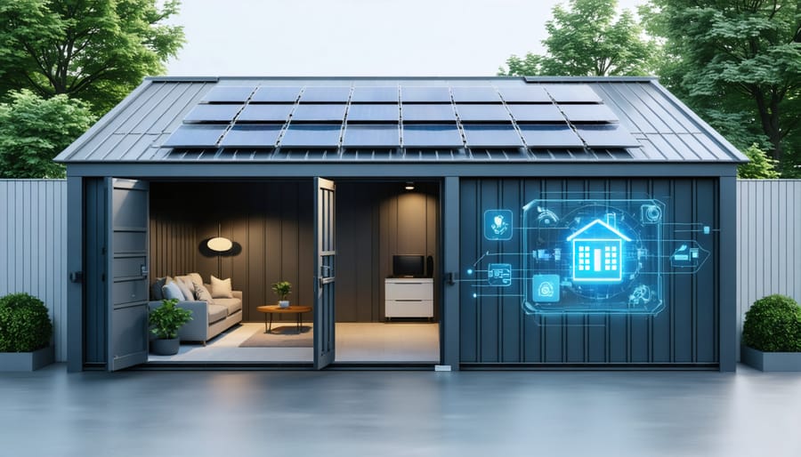 A modern storage shed featuring solar panels, battery storage, and smart controls, representing the integration of energy-efficient systems for enhanced functionality.