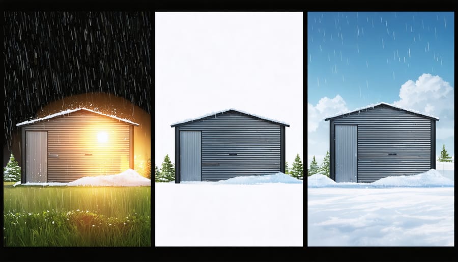 Conceptual illustration of a modern metal shed showing weather resistance against rain, sun, and snow with a split-panel design.