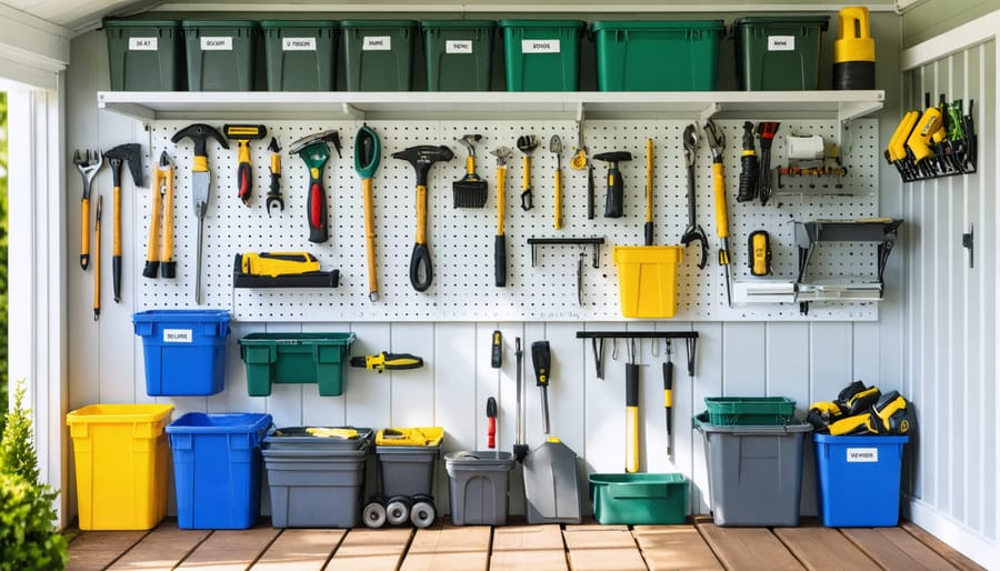 Interior of a garden shed with tools displayed on wall-mounted pegboard, ceiling-mounted storage racks with labeled bins, and stackable containers neatly organized for maximum space efficiency.