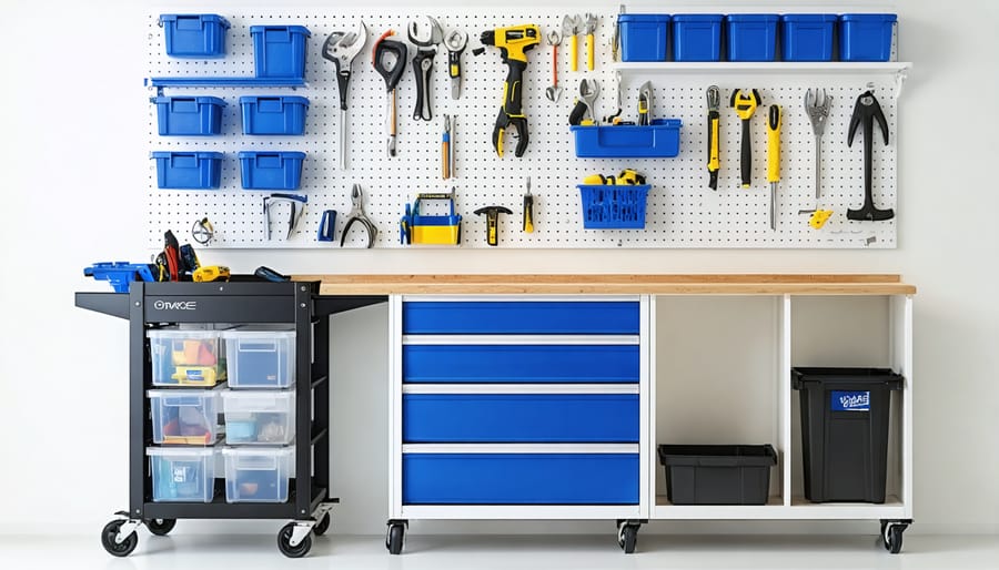An impeccably organized tool shed showcasing a pegboard with assorted tools, labeled storage bins, adjustable shelves, and a mobile utility cart, illustrating efficient use of space and decluttered storage solutions.
