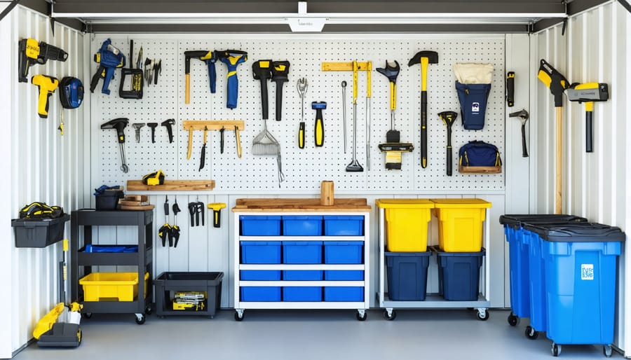 Conceptual illustration of an organized vinyl shed interior with adjustable shelving, pegboard tools, color-coded bins, and rolling utility carts, representing effective storage solutions.