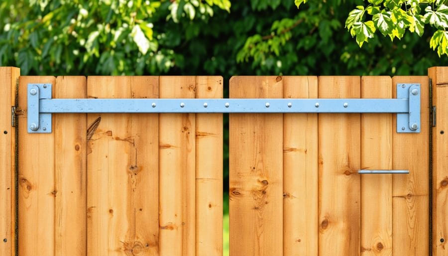 Close-up of a sturdy locking bar installed on a wooden shed door, showcasing its robust design and corrosion-resistant finish amidst a garden backdrop.