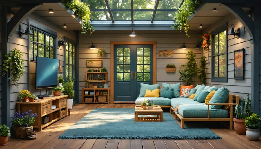 A shed interior enhanced by creative lighting solutions, including natural light from windows and skylights, alongside various artificial lights like LEDs, highlighting a blend of functionality and aesthetic appeal.