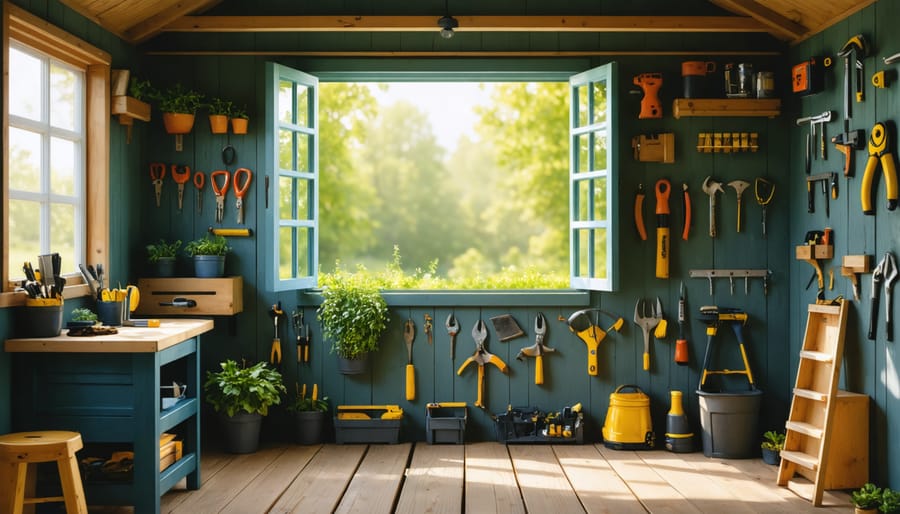 A shed interior brightened by sunlight from a newly installed window, showcasing enhanced functionality and aesthetics.