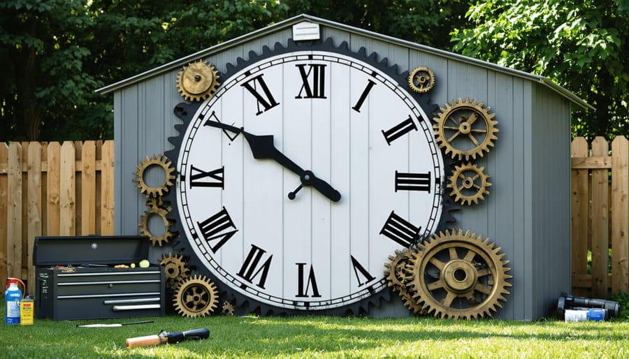Conceptual image of a backyard shed portrayed as a ticking timebomb, illustrating the urgency of proactive maintenance and monitoring. Elements such as a toolbox and a checklist emphasize the tools and systems essential to prevent issues.