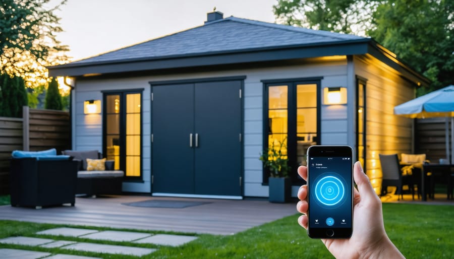 A high-tech backyard shed featuring smart security measures, including a smart lock, motion-activated lights, and cameras, with a smartphone displaying a live security feed.