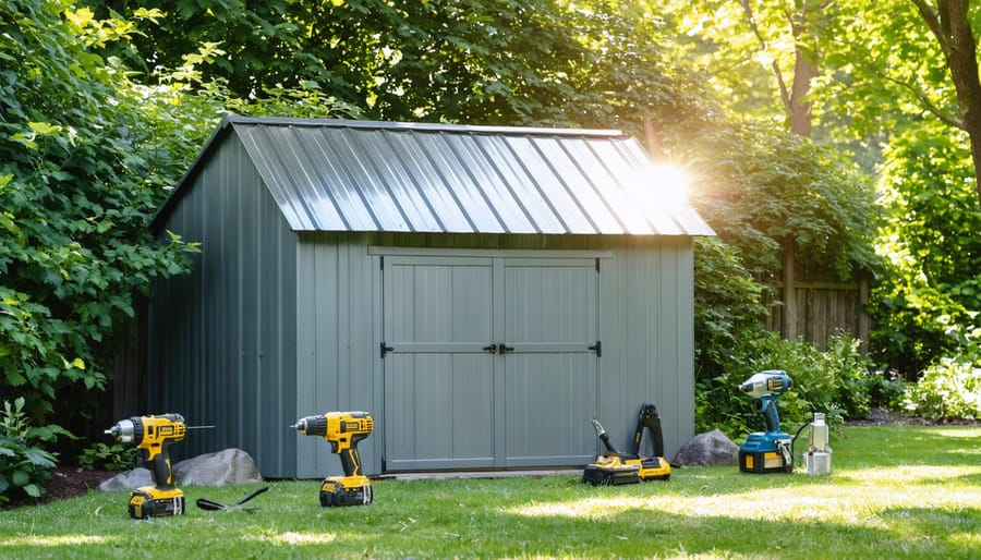 A charming shed in a garden, showcasing a newly installed metal roof with reflecting sun rays, highlighting the successful DIY project.