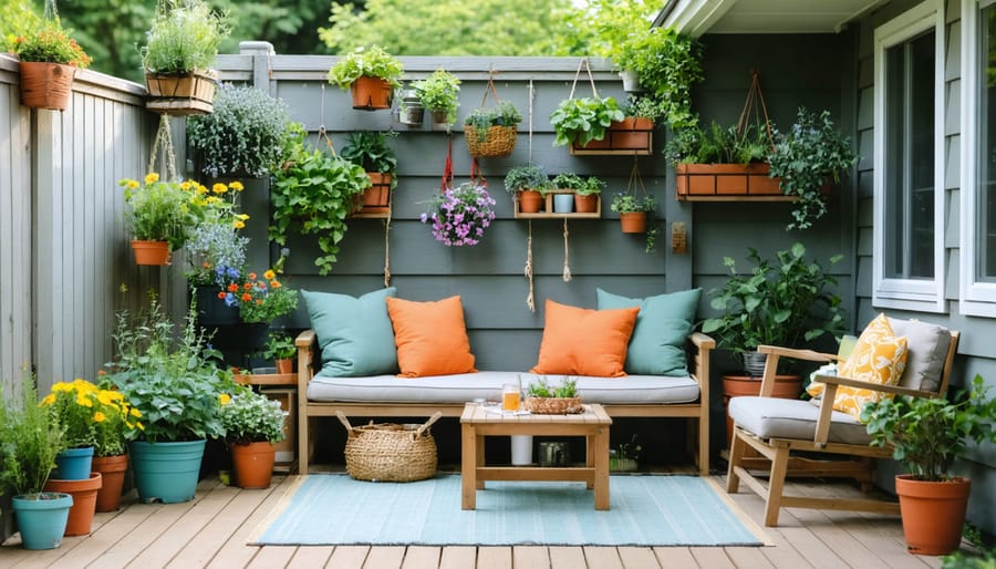 A small patio beautifully furnished with DIY multipurpose furniture, including a storage bench, a folding table, and a vertical garden, complemented by colorful cushions and potted plants, creating a cozy and stylish outdoor oasis.