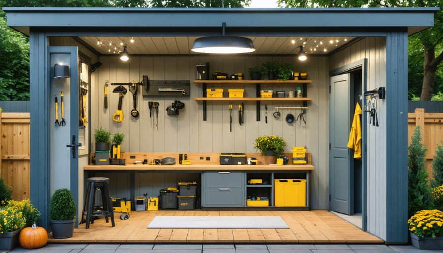Modern shed interior featuring a combination of LED strip lights, motion sensor light, and pendant lighting illustrating diverse lighting solutions.