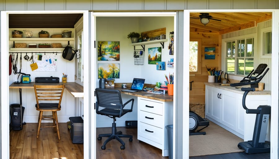 Collage of shed interior designs featuring a home office, craft station, and workout space, illustrating the diverse and functional uses of a backyard shed.