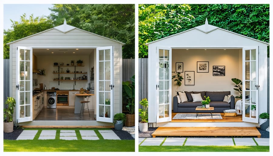 Side-by-side depiction of a plain garden shed on the left transforming into a modern, cozy living space on the right, featuring elegant furniture, greenery, and abundant natural light.