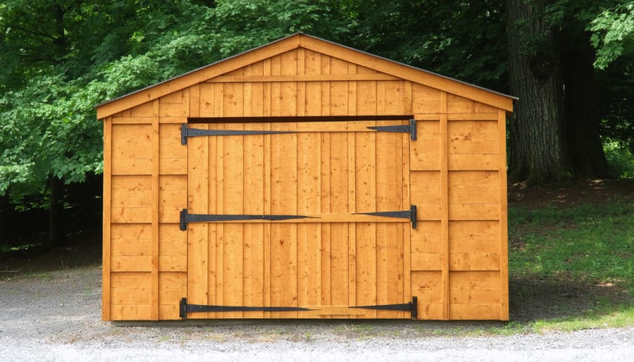 Natural cedar garden shed displaying characteristic weathering and wood grain patterns