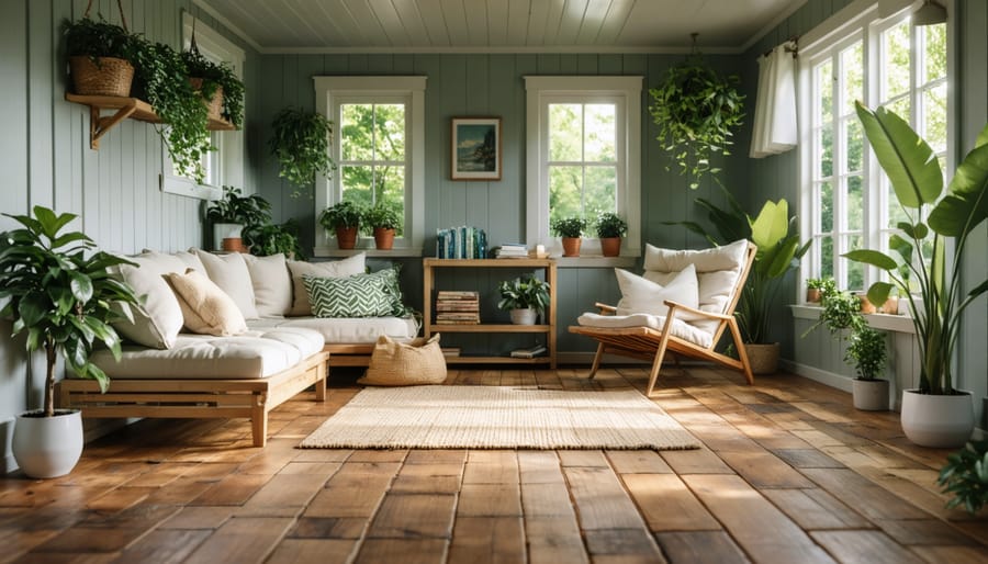 Inviting she shed interior with warm-toned hardwood flooring and a cozy seating area, featuring a comfortable reading nook with a plush chair, small rug, and potted plants.