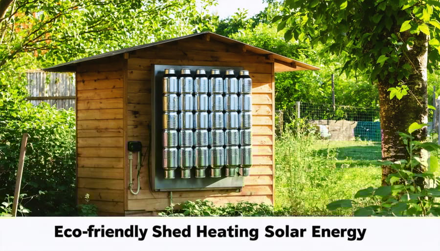 Illustration of a rustic shed with a DIY solar heater mounted on its wall, featuring aluminum cans behind glass, surrounded by greenery, emphasizing eco-friendly and cost-effective heating.